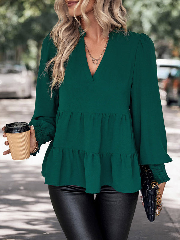 Notched Neck Lantern Sleeve Blouse-Teresa's Fashionista LLC
