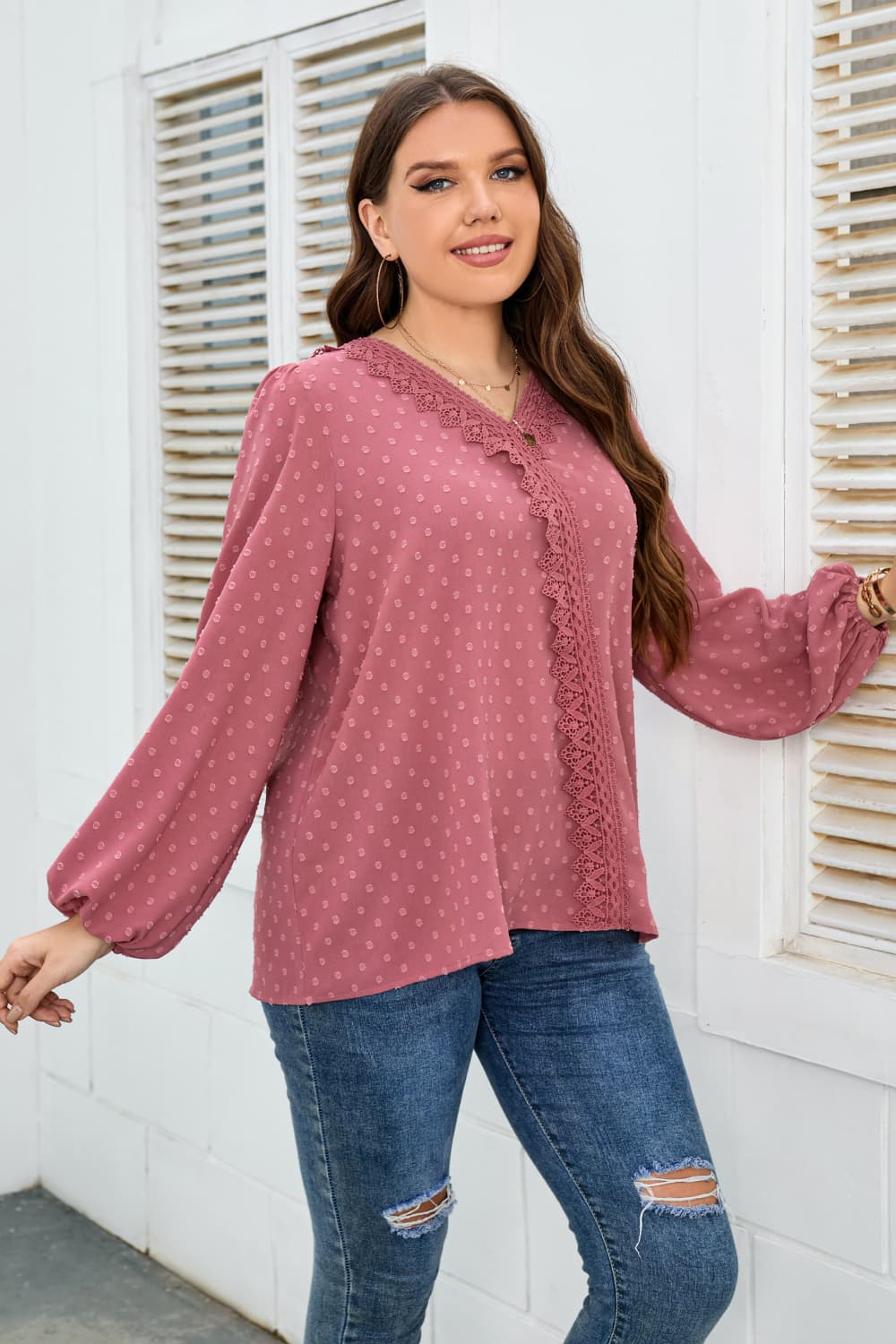 Plus Size Lace Trim V-Neck Balloon Sleeve Blouse-Teresa&#39;s Fashionista LLC