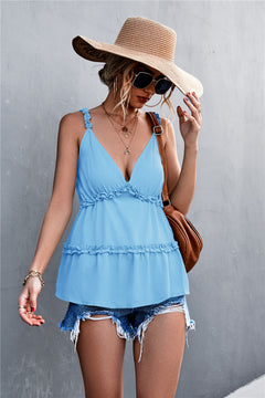 Frill Trim Sleeveless Plunge Top-Teresa's Fashionista LLC