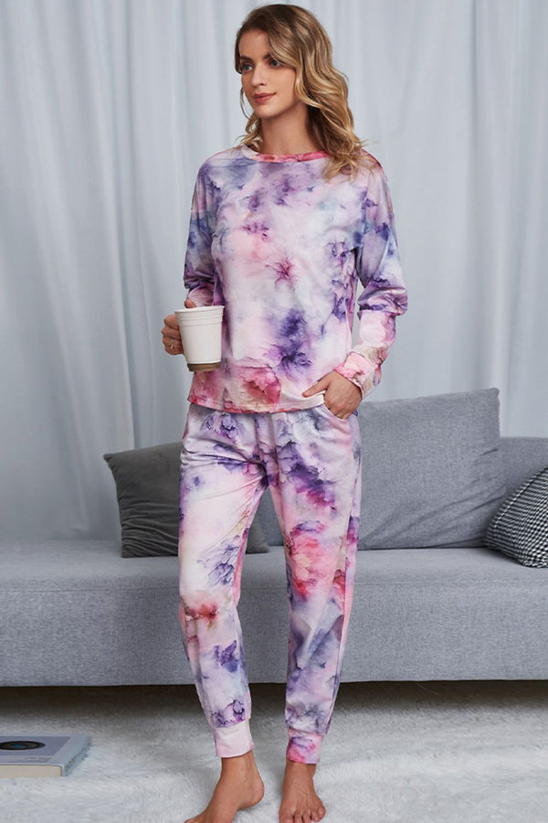 Tie-Dye Crewneck Top and Drawstring Waist Joggers Lounge Set-Teresa's Fashionista LLC