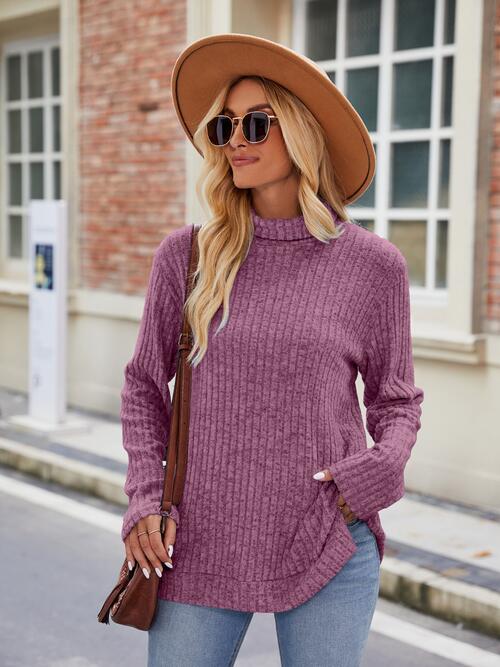 Ribbed Turtleneck Long Sleeve Slit Knit Top-Teresa's Fashionista LLC