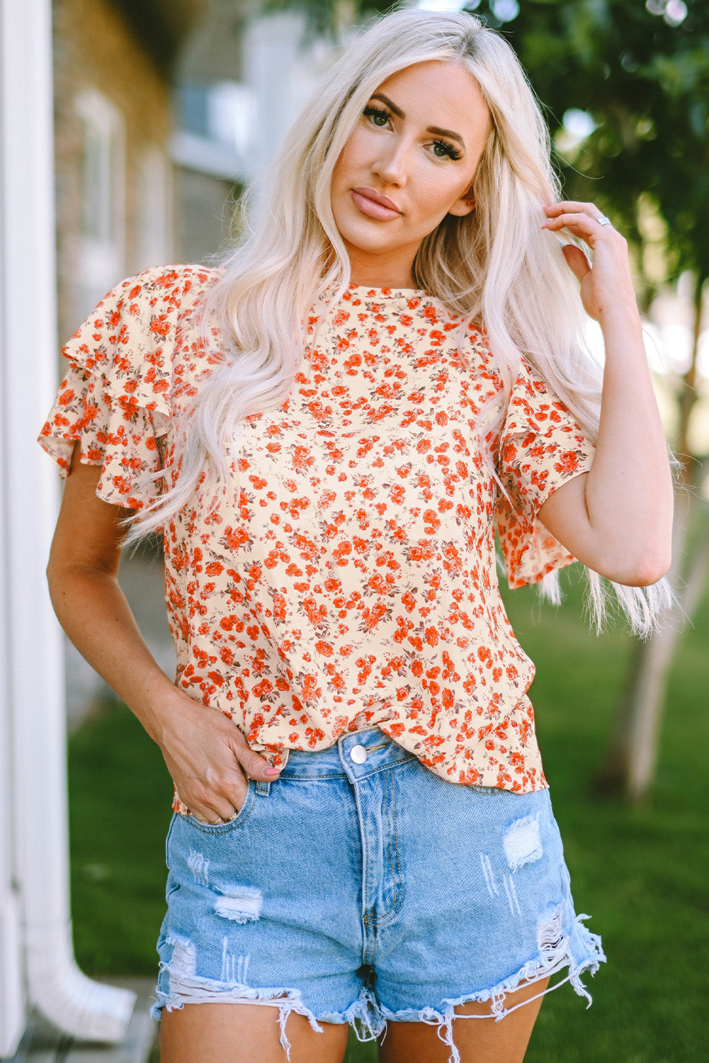 Floral Round Neck Flutter Sleeve Blouse-Teresa&#39;s Fashionista LLC