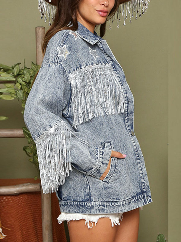 Fringe Detail Long Sleeve Denim Jacket-Teresa's Fashionista LLC