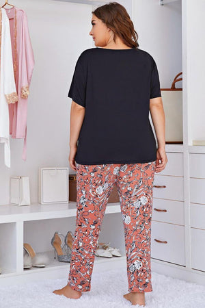 Plus Size Contrast Round Neck Tee and Floral Pants Lounge Set-Teresa's Fashionista LLC