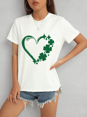 Heart Lucky Clover Round Neck Short Sleeve T-Shirt-Teresa's Fashionista LLC