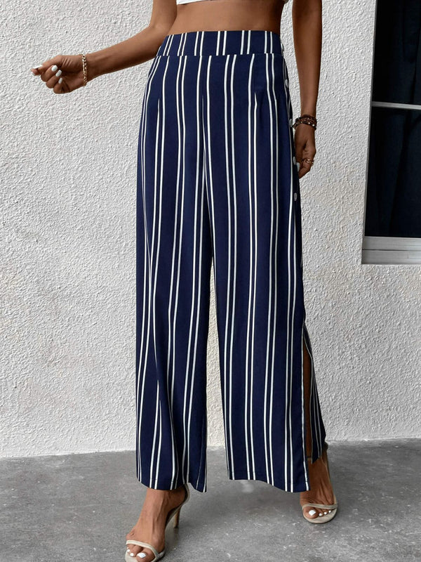 Striped Slit Wide Leg Pants-Teresa's Fashionista LLC