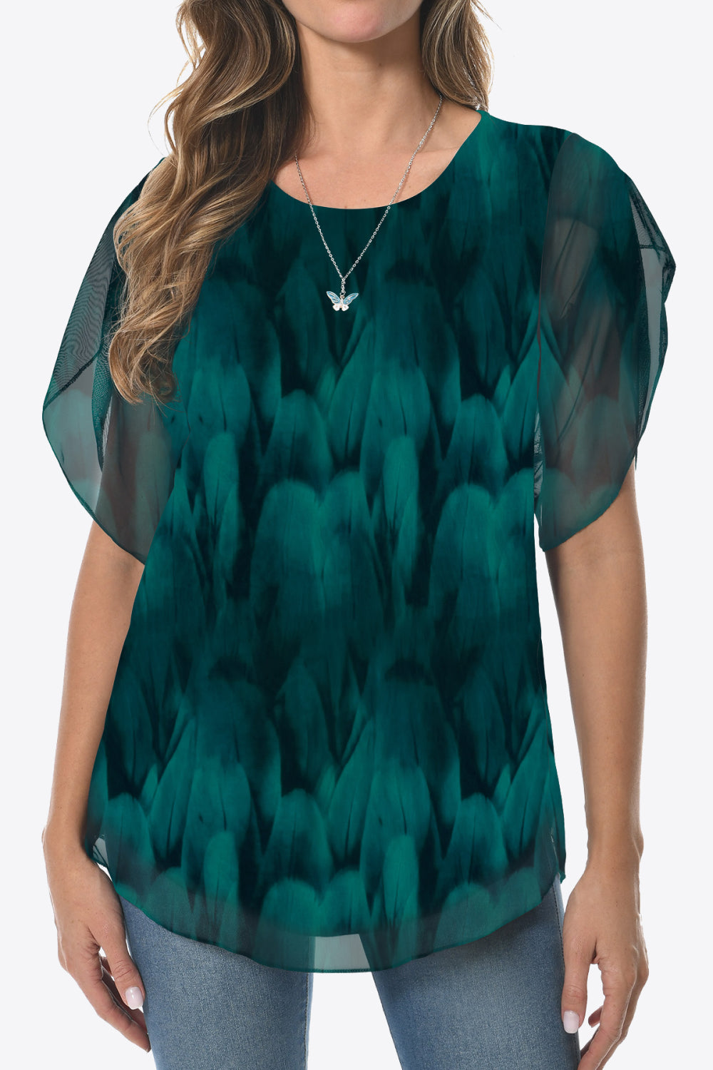 Printed Round Neck Curved Hem Blouse-Teresa&#39;s Fashionista LLC