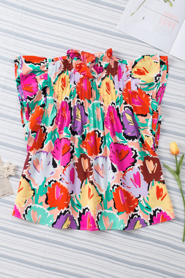Multicolored Flutter Sleeve Mock Neck Blouse-Teresa's Fashionista LLC