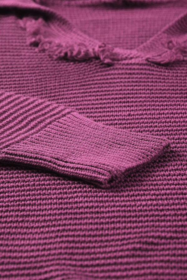 Horizontal Ribbing Fringe Trim Hooded Sweater-Teresa's Fashionista LLC