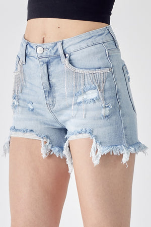 RISEN Frayed Hem Denim Shorts with Fringe Detail Pockets-Teresa's Fashionista LLC