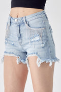RISEN Frayed Hem Denim Shorts with Fringe Detail Pockets-Teresa's Fashionista LLC