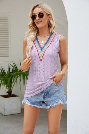 Contrast V-Neck Eyelet Tank-Teresa's Fashionista LLC