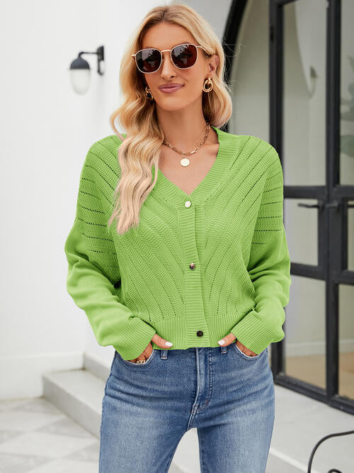 Eyelet Button Front Long Sleeve Cardigan-Teresa's Fashionista LLC