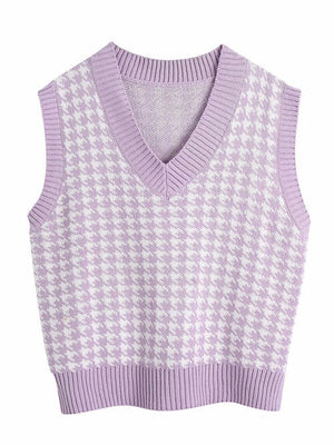 Houndstooth V-Neck Sweater Vet-Teresa's Fashionista LLC