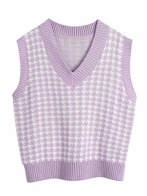 Houndstooth V-Neck Sweater Vet-Teresa's Fashionista LLC