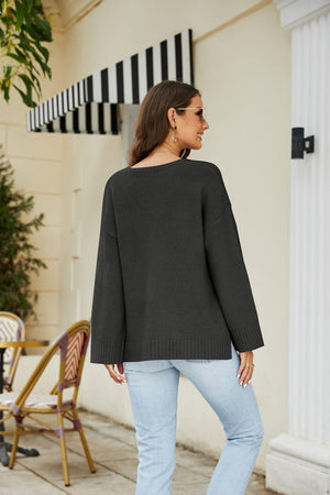 Drop Shoulder V-Neck Knit Pullover-Teresa's Fashionista LLC