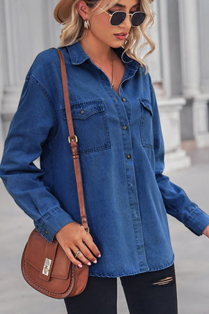 Collared Neck Dropped Shoulder Denim Top-Teresa's Fashionista LLC