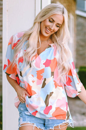 Printed Notched Neck Half Sleeve Blouse-Teresa's Fashionista LLC