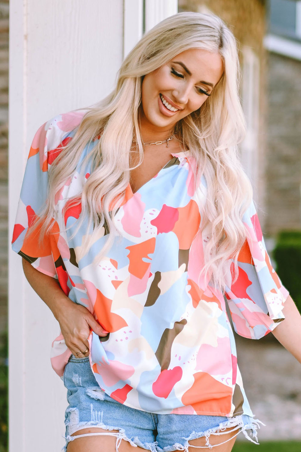 Printed Notched Neck Half Sleeve Blouse-Teresa&#39;s Fashionista LLC