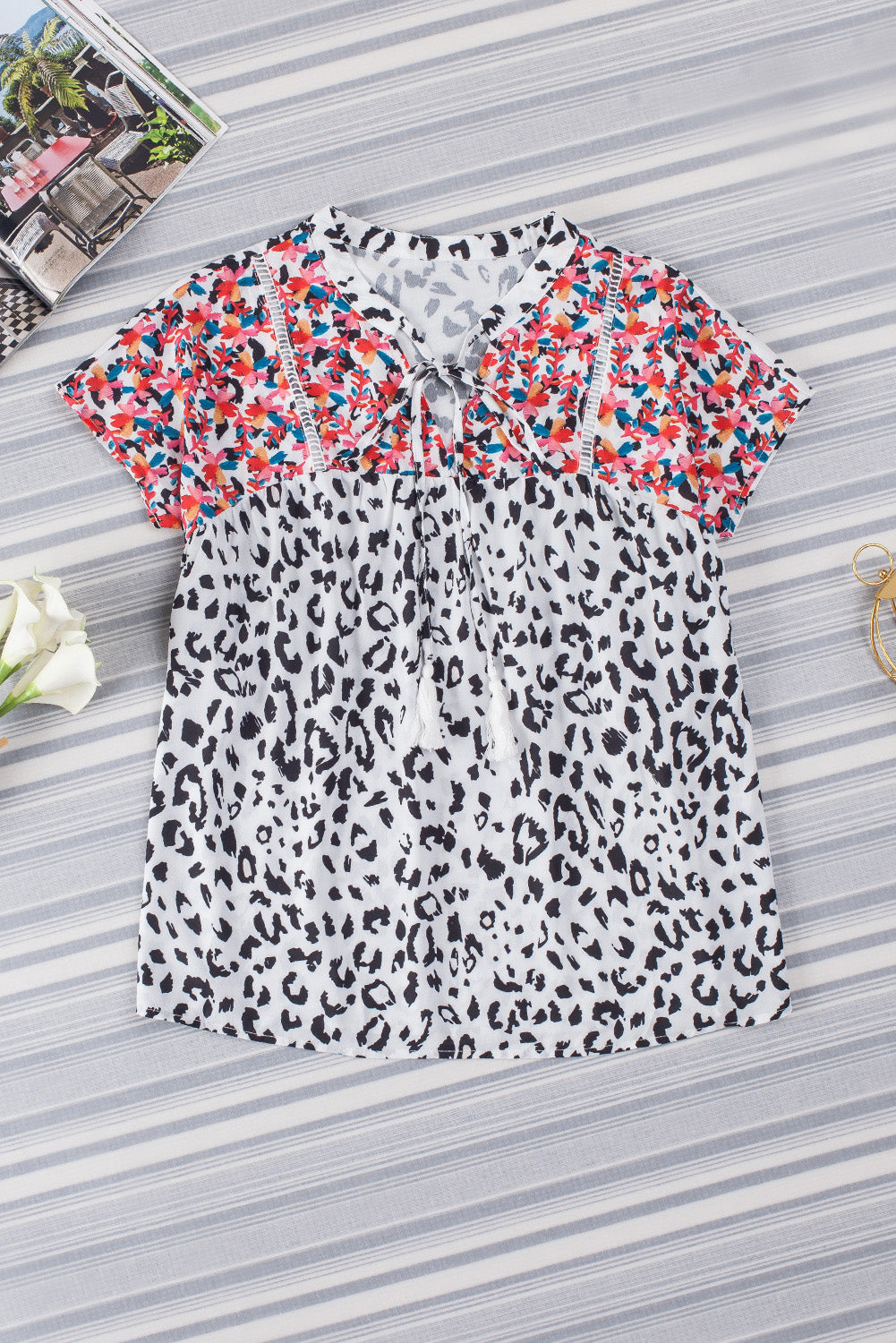Leopard Tassel Tie Short Sleeve Top-Teresa&#39;s Fashionista LLC