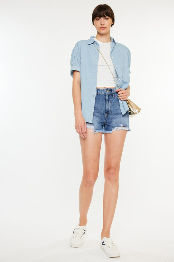 Kancan Distressed Raw Hem High Waist Denim Shorts-Teresa's Fashionista LLC