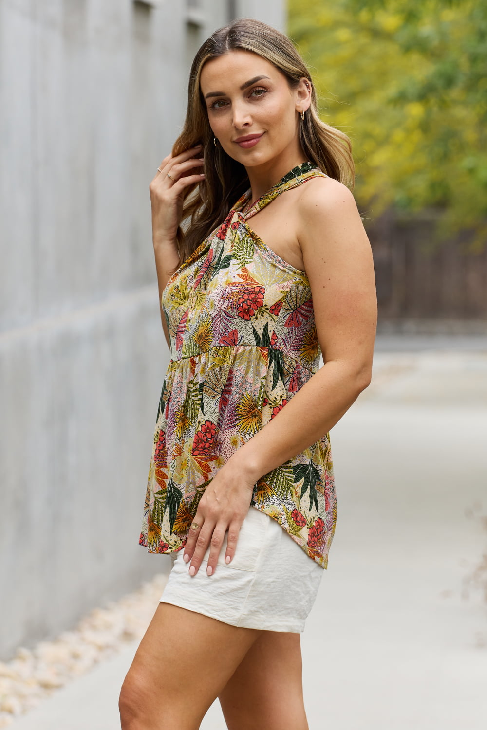 Be Stage Full Size Floral Halter Top in Green-Teresa&#39;s Fashionista LLC