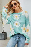 Daisy Print Openwork Round Neck Sweater-Teresa's Fashionista LLC