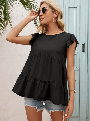 Round Neck Flutter Sleeve Tiered Blouse-Teresa's Fashionista LLC