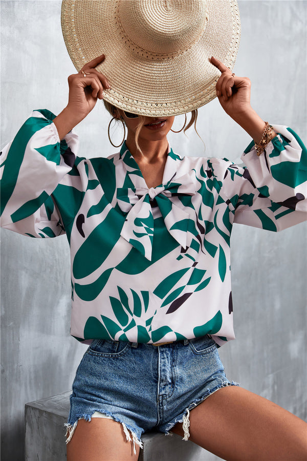 Printed Tie Neck Puff Sleeve Blouse-Teresa's Fashionista LLC