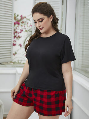 Plus Size Round Neck Tee Shirt and Plaid Shorts Lounge Set-Teresa's Fashionista LLC