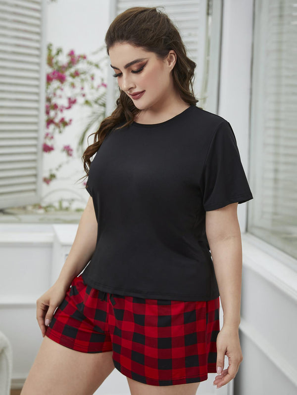 Plus Size Round Neck Tee Shirt and Plaid Shorts Lounge Set-Teresa's Fashionista LLC