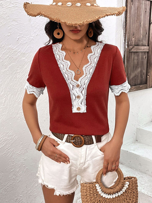 Decorative Button Spliced Lace Short Sleeve Top-Teresa's Fashionista LLC