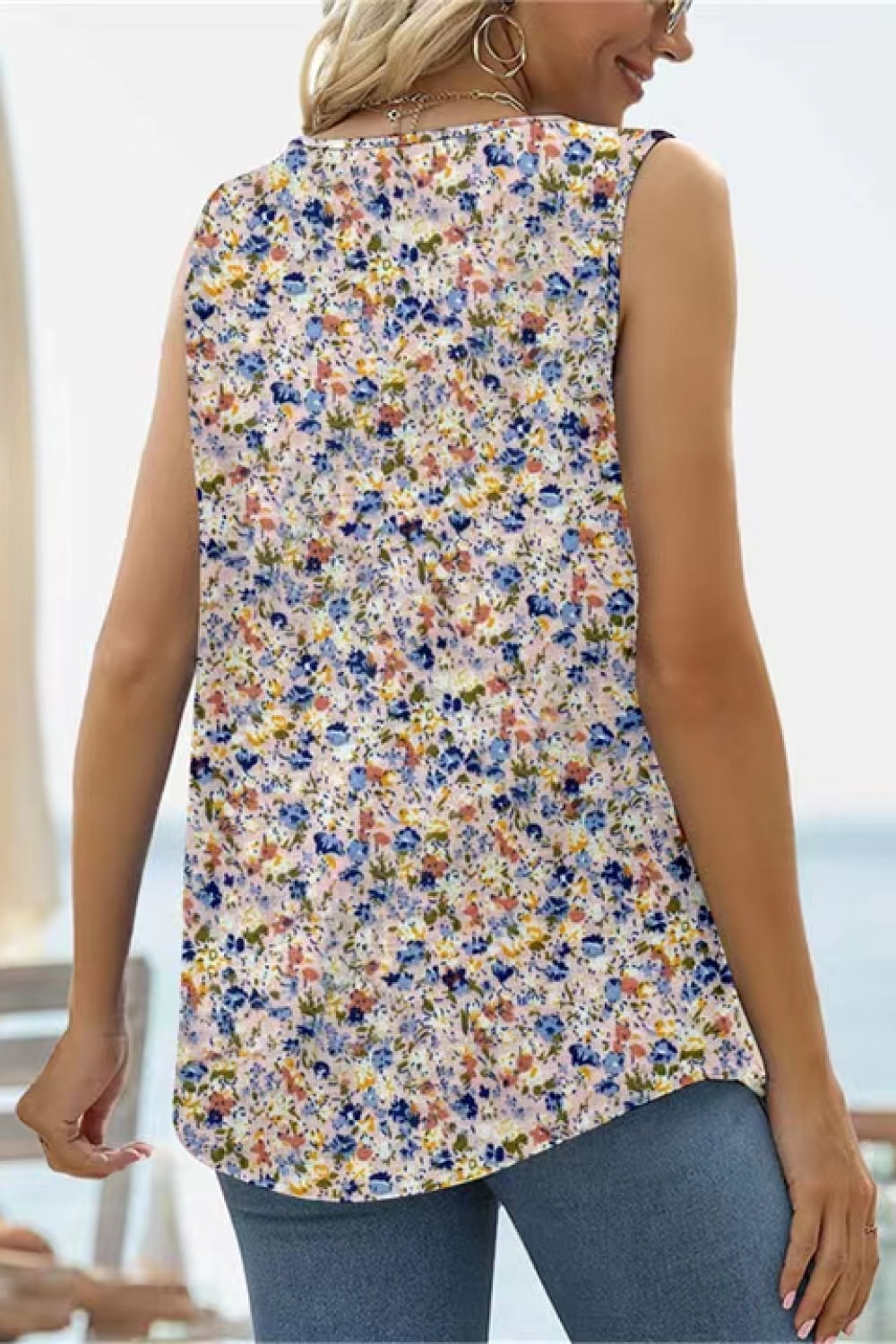 Printed Square Neck Curved Hem Tank-Teresa's Fashionista LLC