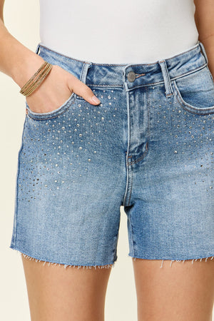 Judy Blue Full Size High Waist Rhinestone Decor Denim Shorts-Teresa's Fashionista LLC