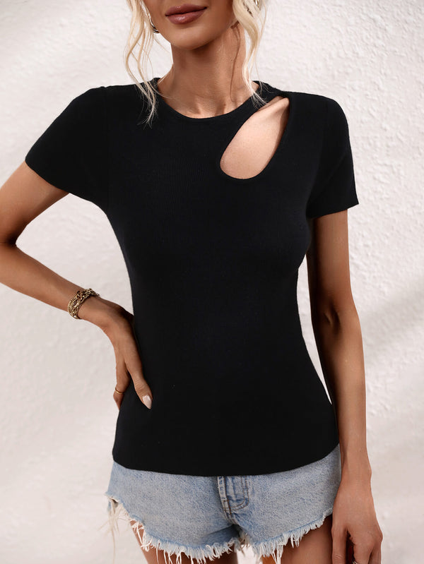Cutout Round Neck Short Sleeve Knit Top-Teresa's Fashionista LLC