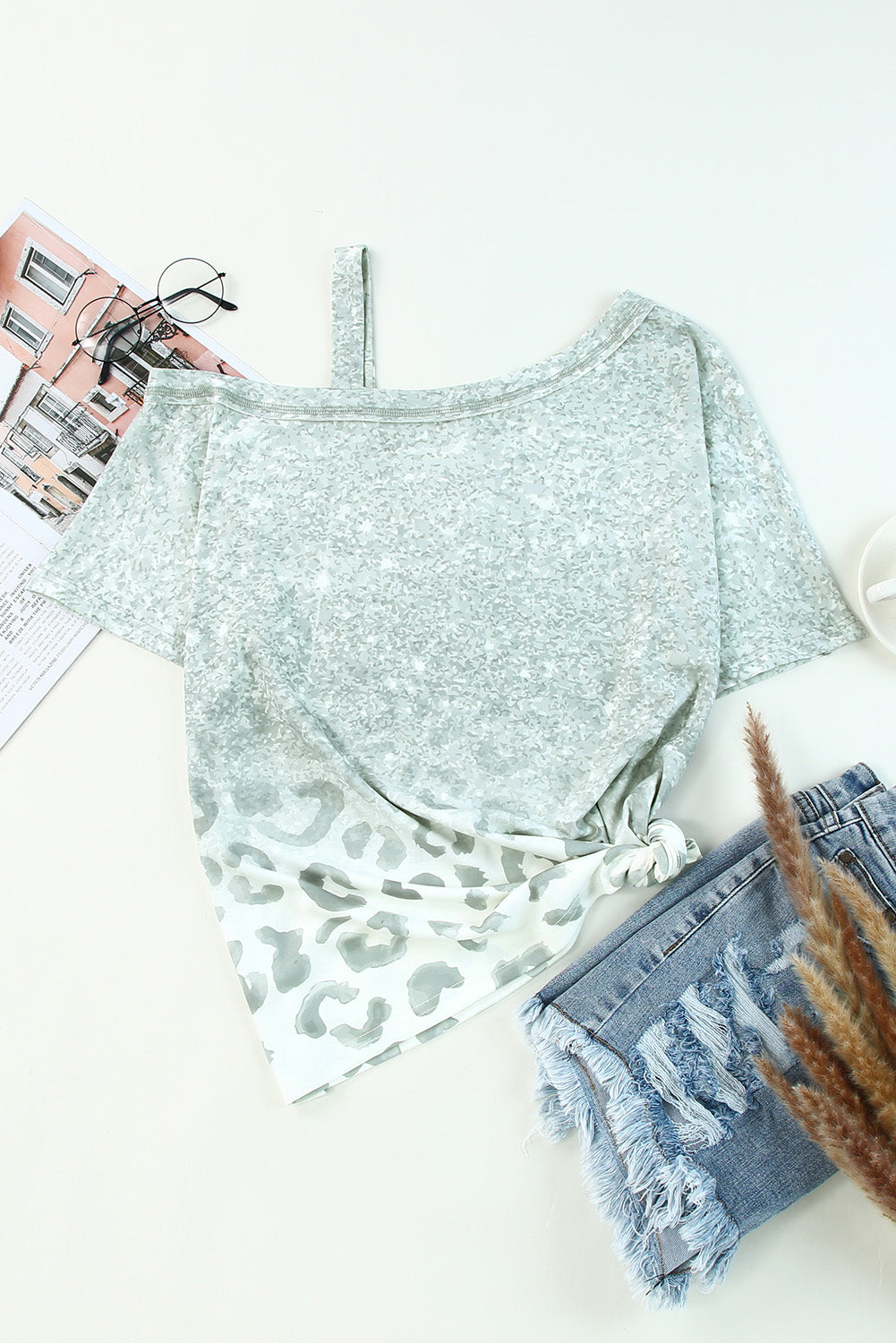 Leopard Asymmetrical Neck Cold-Shoulder Blouse-Teresa&#39;s Fashionista LLC