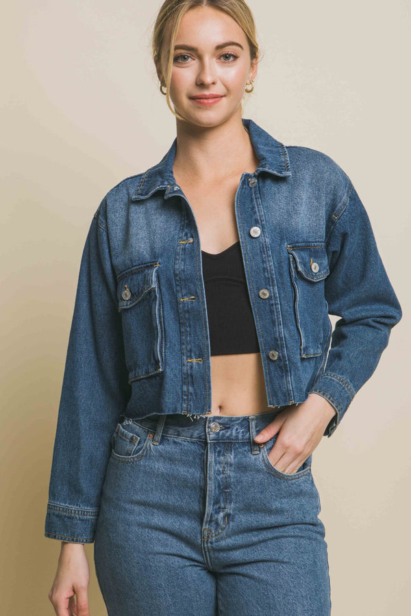 LOVE TREE Raw Hem Button Up Cropped Denim Jacket-Teresa's Fashionista LLC
