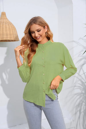 Mock Neck Buttoned Long Sleeve Shirt-Teresa's Fashionista LLC
