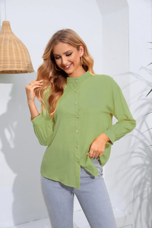 Mock Neck Buttoned Long Sleeve Shirt-Teresa's Fashionista LLC