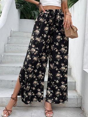 Floral Side Slit Wide Leg Pants-Teresa's Fashionista LLC