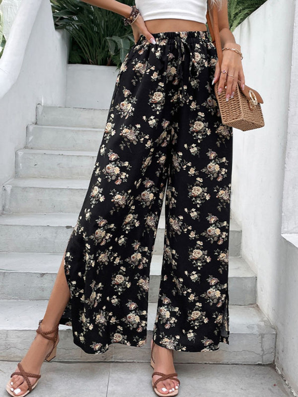 Floral Side Slit Wide Leg Pants-Teresa's Fashionista LLC