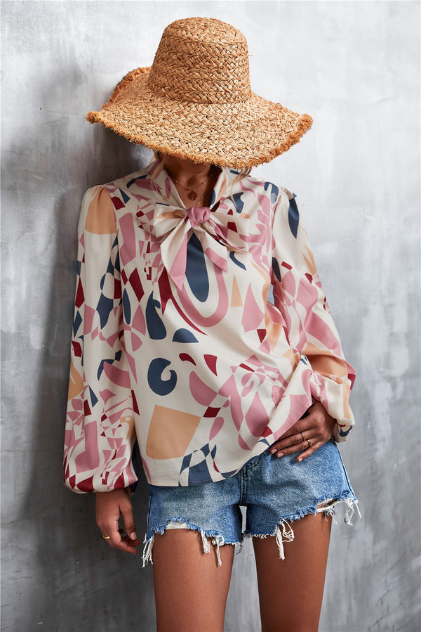 Printed Tie Neck Puff Sleeve Blouse-Teresa's Fashionista LLC