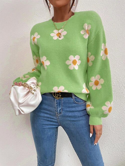 Flower Round Neck Latern Sleeve Sweater-Teresa&#39;s Fashionista LLC