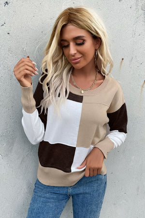 Color Block Ribbed Trim Round Neck Knit Pullover-Teresa's Fashionista LLC