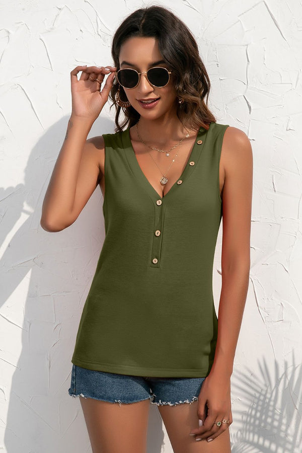 Buttoned Deep V Tank-Teresa's Fashionista LLC