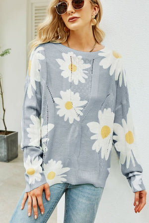 Daisy Print Openwork Round Neck Sweater-Teresa's Fashionista LLC