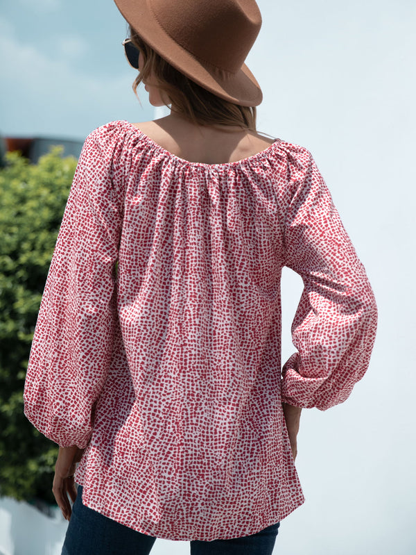Printed Tie-Neck Balloon Sleeve Blouse-Teresa's Fashionista LLC