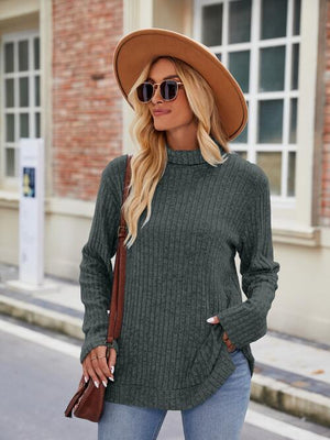 Ribbed Turtleneck Long Sleeve Slit Knit Top-Teresa's Fashionista LLC