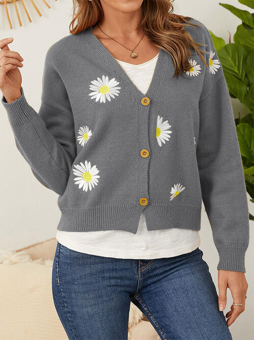 Flower Button Front Dropped Shoulder Cardigan-Teresa&#39;s Fashionista LLC