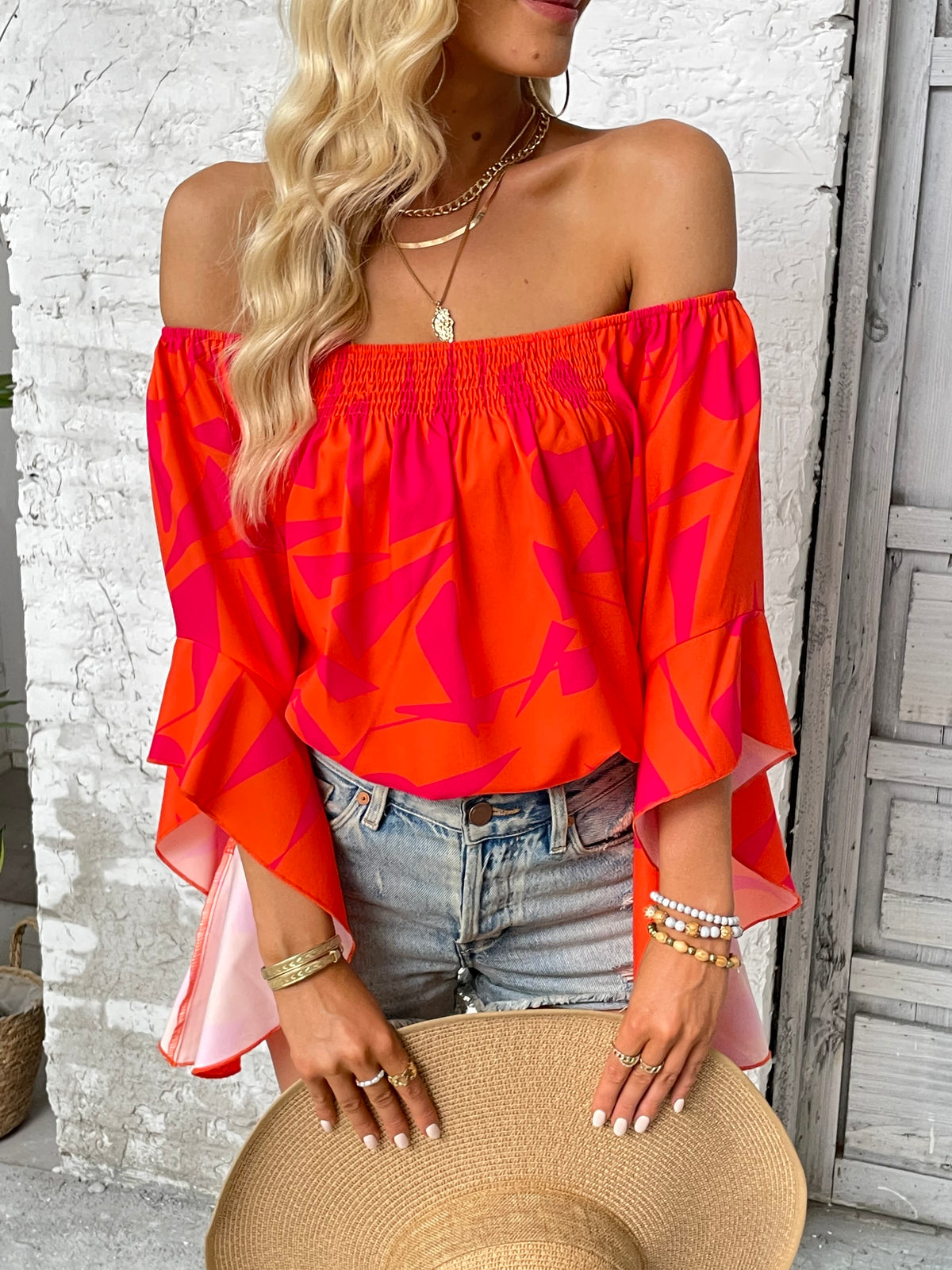 Printed Off-Shoulder Bell Sleeve Blouse-Teresa&#39;s Fashionista LLC